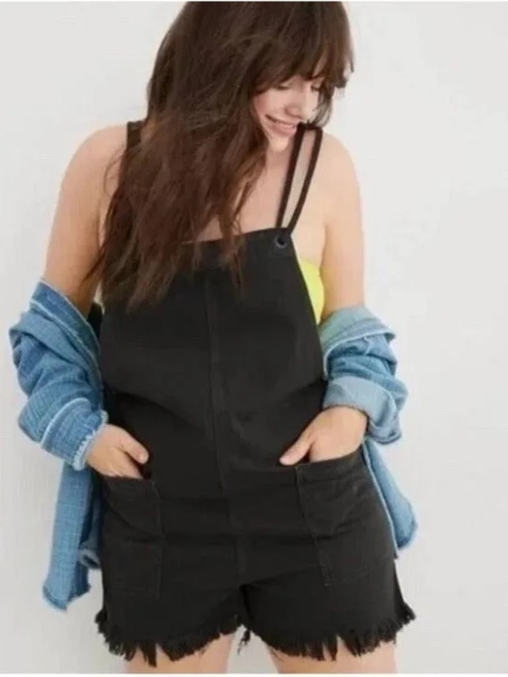aerie Charcoal gray/black Denim Short Overalls with Frayed Hem